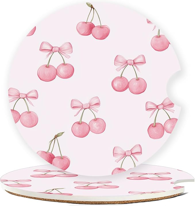 Car Cup Holder Coaster Set of 2, 2.56 in Ceramic Coasters, Scratch-Resistant Cork Backing, Finger Groove Design for Easy Placement, Cute Car Accessories Interior for Women (Pink Bow Cherry)