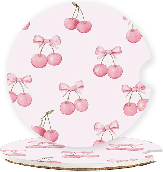 Car Cup Holder Coaster Set of 2, 2.56 in Ceramic Coasters, Scratch-Resistant Cork Backing, Finger Groove Design for Easy Placement, Cute Car Accessories Interior for Women (Pink Bow Cherry)