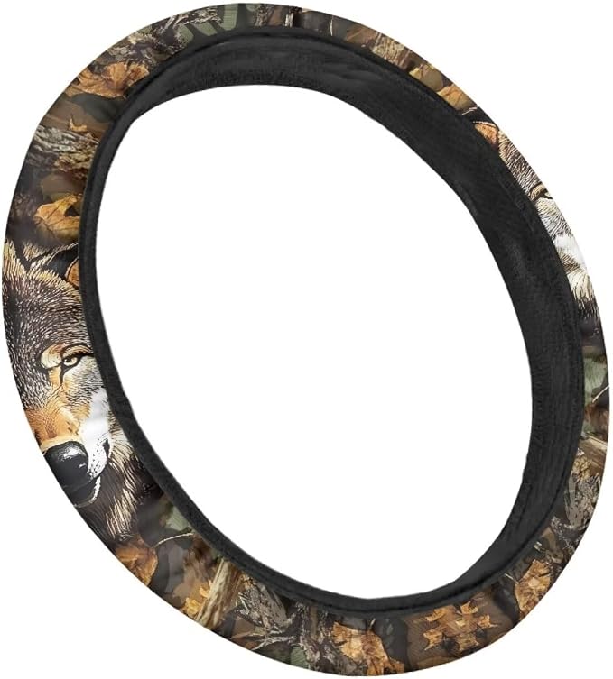 Wanyint Wolf Camo Hunting Forest Car Steering Wheel Cover 15 Inch, Soft Stretch Anti-Slip Washable Car Accessory Decor Universal Fit for Sedan SUV Truck
