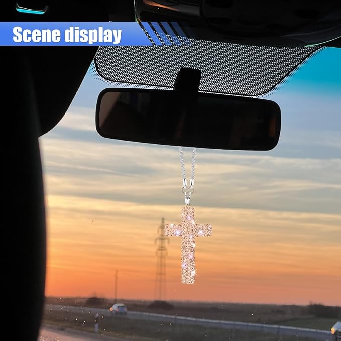 ZIMISI Bling Cross Car Hanging Ornament, Crystal Rhinestone Car Rearview Mirror Pendant for Women, Diamond Rear View Mirror Charm Present, Universal Vehicle Interior Decoration Accessory (Champagne)