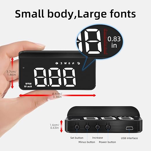 AZIJYV Heads Up Display for Cars, Windshield Speedometer Projector HUD M1white ,Digital Speedometer for Car with Speed,Driving Direction,Overspeed Alarm,Fatigued Driving,Suitable for all models