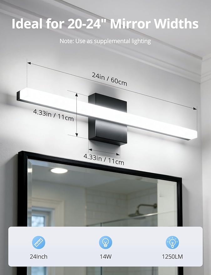 Combuh 24 Inch Black Vanity Lights for Bathroom Mirror Lighting Fixtures Gentle, 14W Modern Long Linear Restroom Wall Lamps Bar LED Lampara para Baño sobre Espejo Cool White 6000K