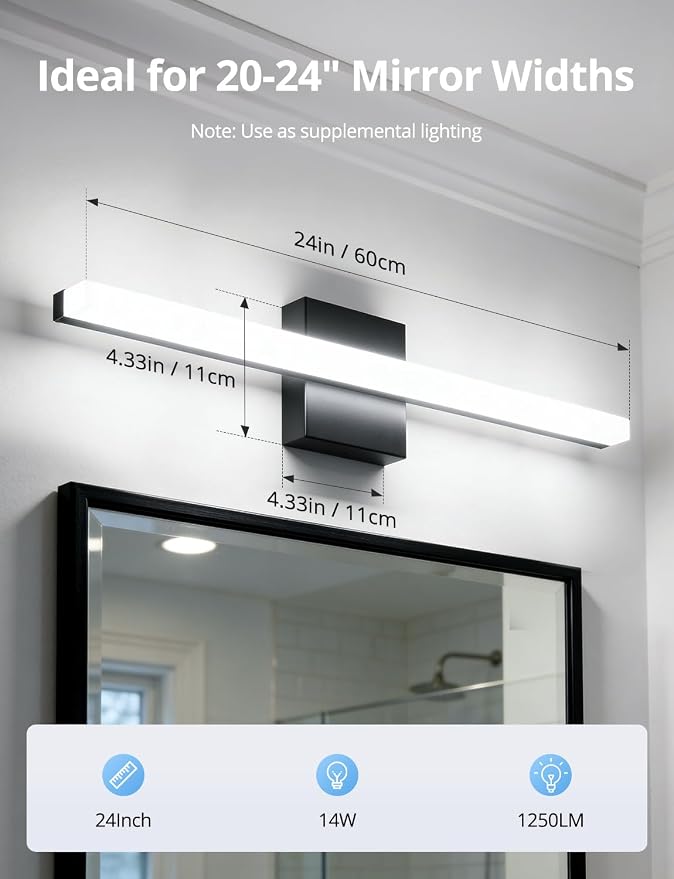 Combuh Led Vanity Lights Over Mirror Soft Shadow Free Black Bathroom Lamp for Wall,14W 24 Inch Long Restroom Lighting Bars Cool White 6000K Lámparas Luces para Baños Sobre Espejo Modernas 2 Pack