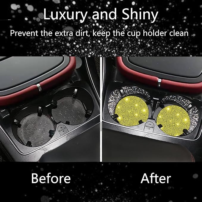 NBTEPEM 2pcs Bling Car Cup Holder Coaster, 2.75 inch Anti-Slip Shockproof Universal Fashion Car Coasters Insert Bling Crystal Rhinestone Automotive Interior Accessories for Women (2 pcs, Yellow)