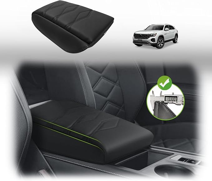 Muslogy Center Console Armrest Cover Fit for Volkswagen Atlas & Cross Sport 2024-2026 Accessories, Comfort Armrest Pad Console Lid Cushion Vegan Leather 1-Inch Extra Thick