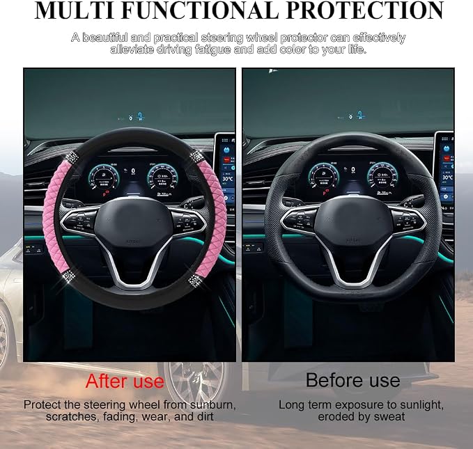 Bling Soft Leather Steering Wheel Cover, 15 Inch Colorful Rhinestones Auto Elastic Steering Wheel Protector for Women Girls, Car Accessories Anti Slip Steering Wheel Cover for Cars, SUVs (Pink)
