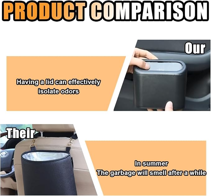 Mini Car Trash Can with Lid, Small Automotive Dustbin Garbage Container, Waterproof and Leak Resistant Car Storage Box with a roll of Plastic Trash Bags, Car Accessories Trash Bin for Vehicle, Home