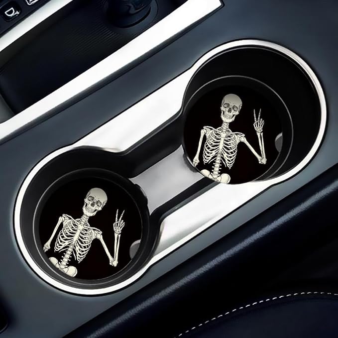 Britimes Absorbent Car Coasters 2 Pack for Cup Holders, 2.56" Ceramic Stone & Non-Scratch Cork Base Drink Coasters Human Skeleton