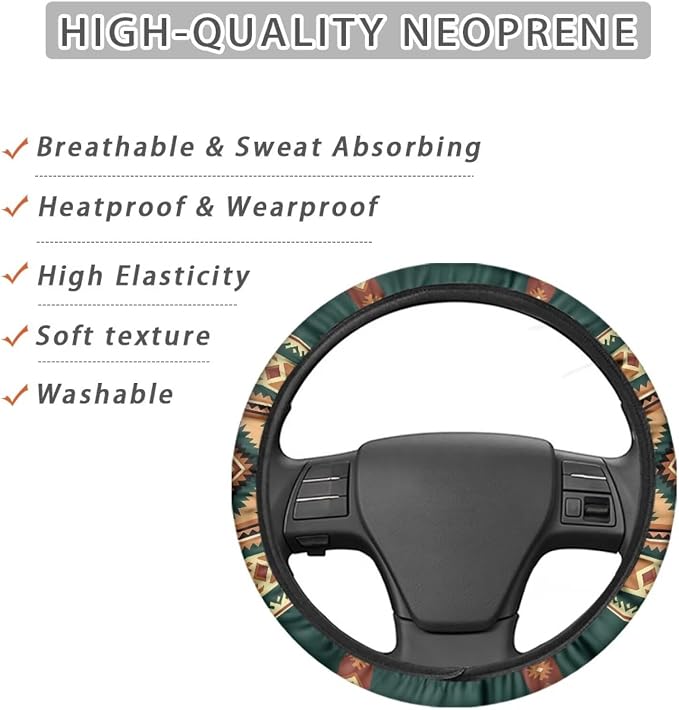 Wanyint Car Steering Wheel Cover for Women Men, 15 Inch Soft Neoprene Stretch Anti-Slip Washable Car Accessories Universal Fit for Sedans SUV, Southwest Aztec Brown Green