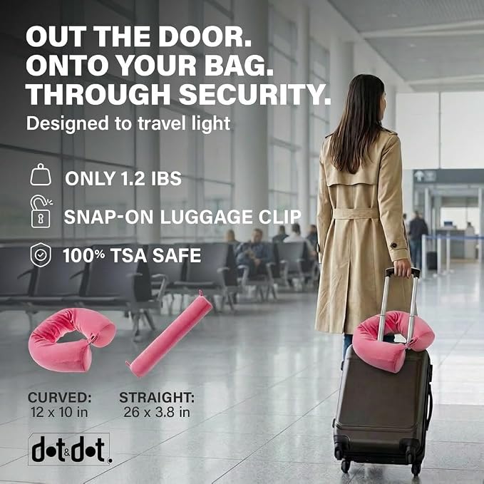Dot&Dot Twist Memory Foam Travel Pillow, Bendable Neck Pillow for Airplane, Car and Home, 26-Inch Adjustable Roll with Washable Cotton Cover, Pink
