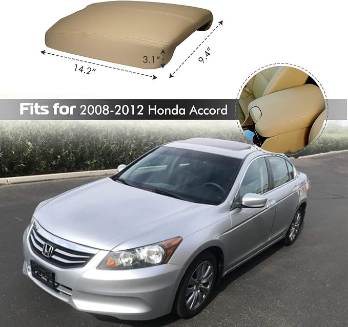 A ABIGAIL Center Console Armrest Cover Repacement Compatible with 2008 2009 2010 2011 2012 Honda Accord Auto Leather Suture Console Lid Cover Replacement (Beige)