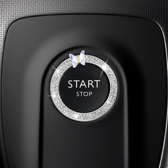 Bling Butterfly Car Engine Push Start Button Ring Sticker (White) | Crystal Rhinestone Auto Key Ignition Knob Ring Emblem, Sparkling Auto Interior Decoration Accessories for Women