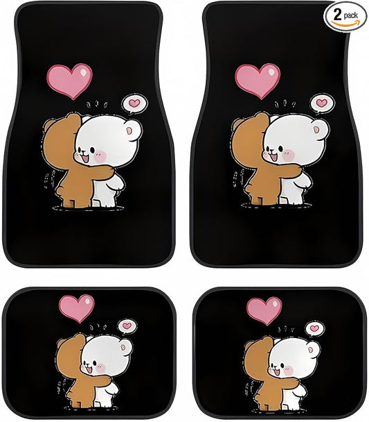 Universal Fit Car Floor Mats Set of 4Pcs, Cute Panda Couple All-Weather Front Rear Car Carpet Mats, Non-Slip Car Floor Mat Car Accessories for Automotive Trucks SUV Sedans Vans