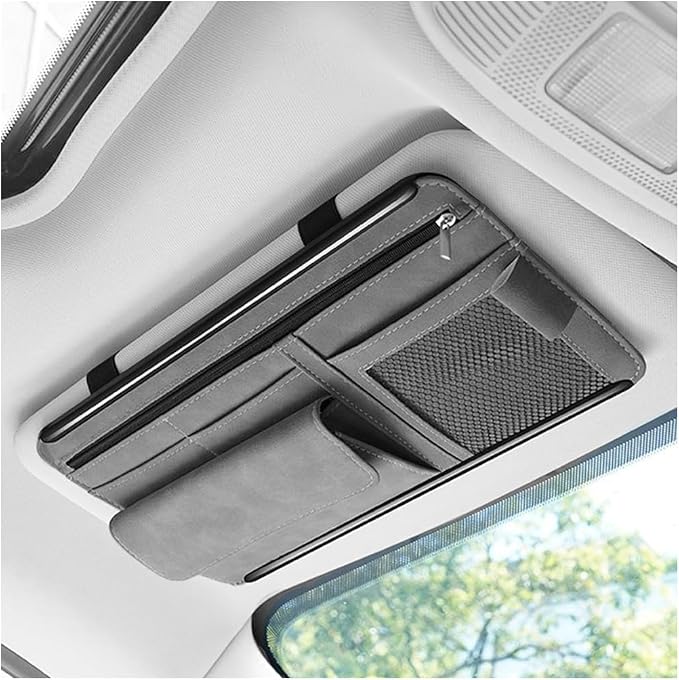 Car Sun Visor Organizer, Multi-Pocket Vehicle Sun Visor Storage Pouch with Sunglasses Box, Auto Interior Sunshade Eyeglasses Card Holder Organizers, Universal for SUV Sedan Truck (Gray)