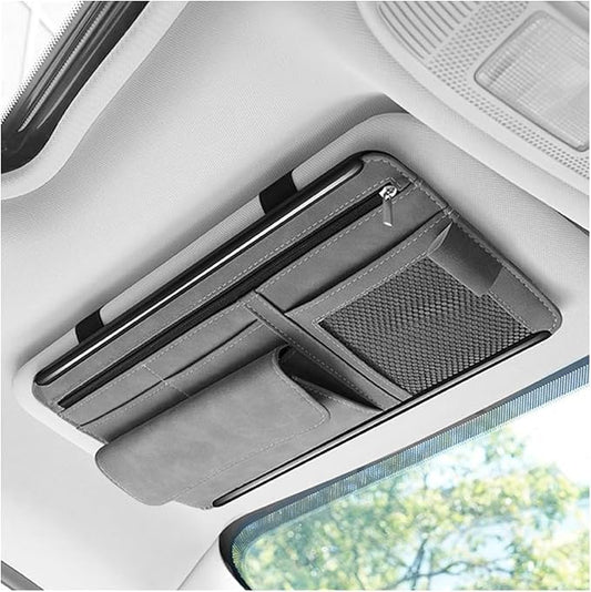 Car Sun Visor Organizer, Multi-Pocket Vehicle Sun Visor Storage Pouch with Sunglasses Box, Auto Interior Sunshade Eyeglasses Card Holder Organizers, Universal for SUV Sedan Truck (Gray)