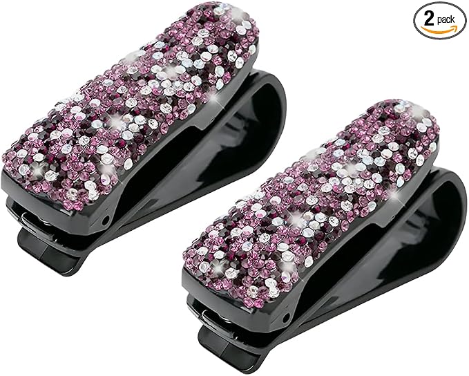 Moly Magnolia 2 PCS Glasses Holders for Car Sun Visor, Fashion Bling Crystal Rhinestones Car Eyeglasses Sunglasses Hanger Mount with Ticket Card Clip for Women Girls (Purple)