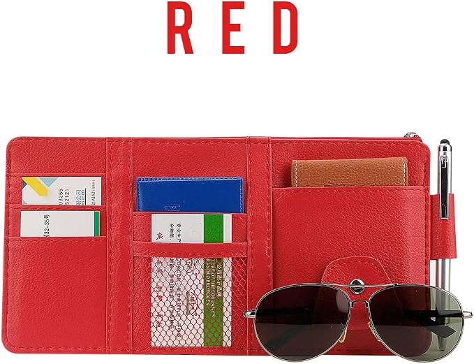 Car Sun Visor Organizer, Auto Interior Accessories Pocket Organizers, Personal Belonging Storage Pouch Organizer, Pouch Holder with Multi-Pocket Net Zippers (Red)