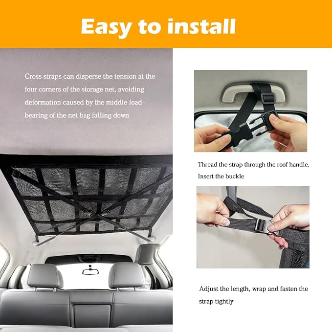 Car Ceiling Cargo Net, 35.4x25.6 Inch Large Overhead Storage Mesh Organizer with 1 Pockets, Double Layer Roof Bag for SUV Van, Camping Overlanding Gear, Adjustable Road Trip Essentials