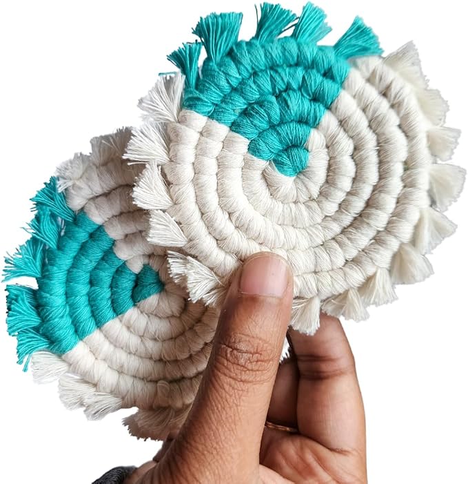 Cotton Car Coasters for Cup Holders, 2PC Car Cup Coasters, Drink Coaster Holder, Cute cupholder Coaster Accessories for Women, Macrame, Boho (Ocean Breeze)