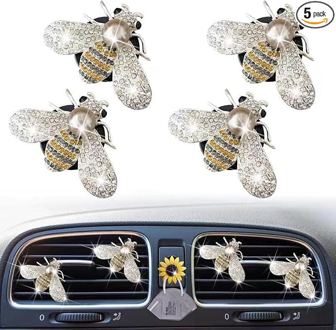 Bling Bee Air Vent Clips, 4 Pcs Crystal Bee Car Air Fresheners Car Diffuser Vent Clip Rhinestone Car Decoration for Women Interior Decor Bling Car Accessories + Sunflower Mask Hook