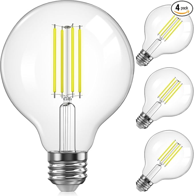 TJOY G25 Globe Light Bulbs, LED Edison Vanity Light Bulbs, Dimmable, 5000K Daylight White, 500 Lumens, 5.5W=60W, CRI80, Clear Vintage Filament Globe, E26 Base, 4 Pack