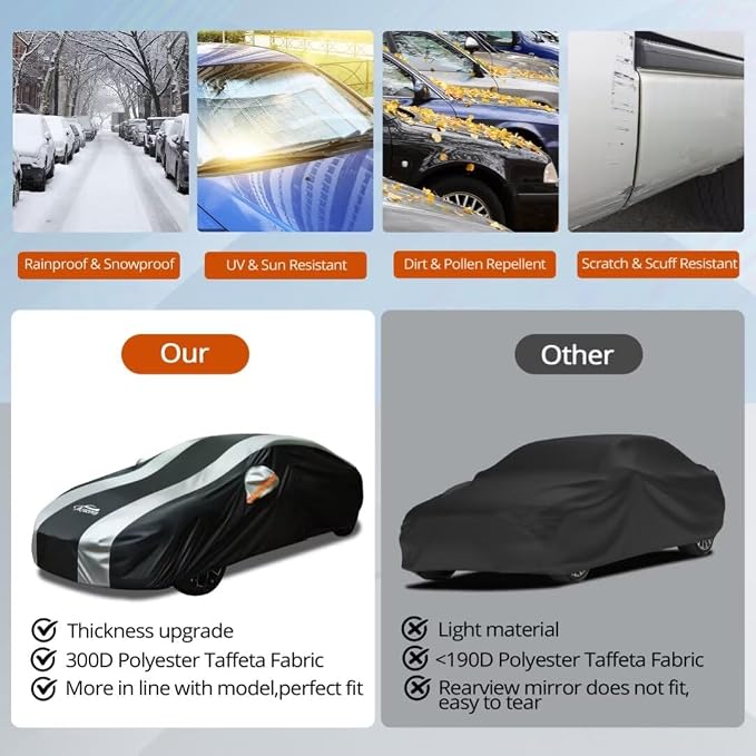 Waterproof Car Cover with Silver Stripe Design,Outdoor/Indoor Car Cover for Automobiles All Weather Waterproof Universal Fit Audi A8, Lexus LS, Jaguar XJ,Benz S-Class, BMW 7 Series