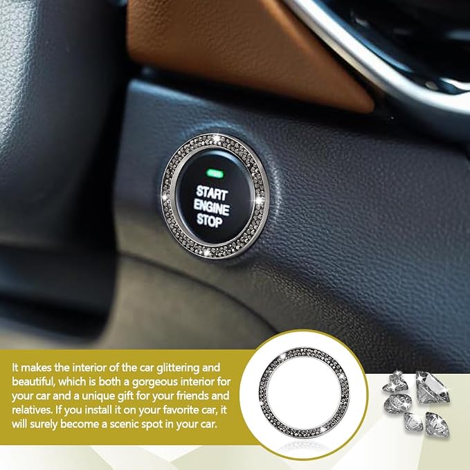 2PCS Car Bling Crystal Rhinestone Engine Start Ring Decals, Push to Start Button Cover, Key Ignition & Knob Bling Ring, Key Ignition Knob Bling Ring, Bling Car Accessories for Women