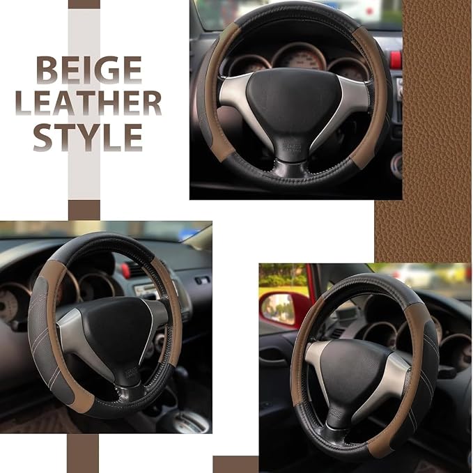 Car Steering Wheel Cover, 15 Inch Leather Breathable Auto Wheel Protection Cover with Non-Slip Lining, Padded Soft Grip Vehicle Steering Protector, Universal Fit (Black/Brown)