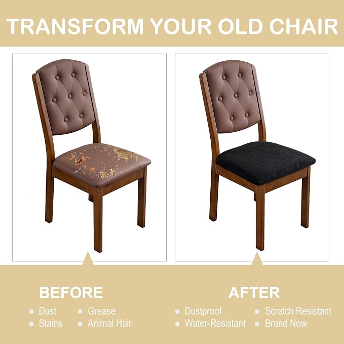 Waterproof Seat Cover for Dining Room Chair Seat Covers Washable Kitchen Chair Seat Slipcovers Protector (Black, 6 PCS)