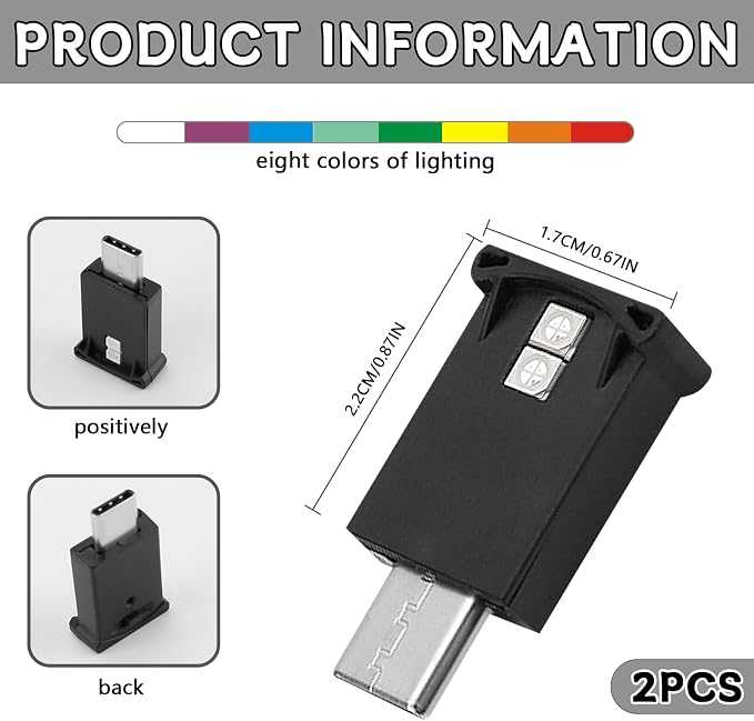 2PCS USB Type C LED Ambient Light,8 Colors RGB Dynamic Interior Atmosphere Lamp,Adjustable Mini USB LED Light for Car Decoration, Laptop, Keyboard, Universal Vehicle Interior Accessories