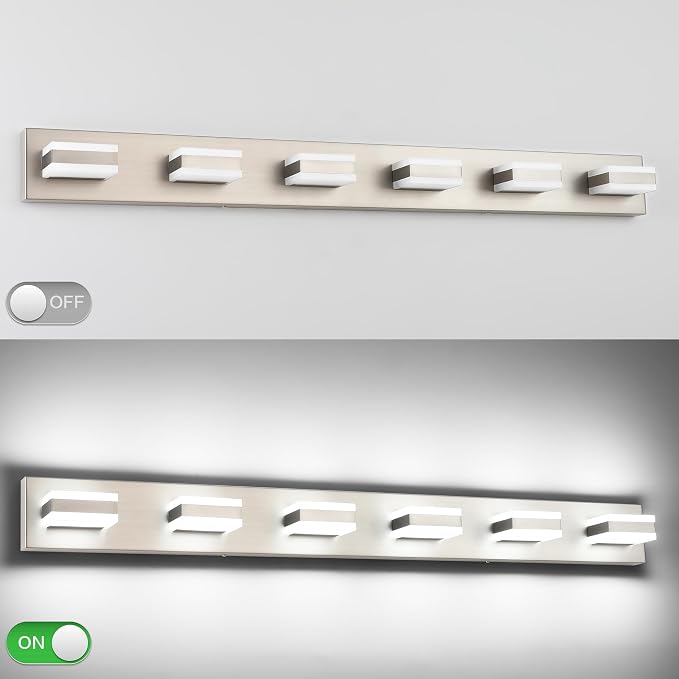 SOLFART Bathroom Vanity Lights, Brushed Nickel Light Fixtures for Bathroom Above Mirror, 6 Light Led Vanity Lighting,5 Color Temperature Adjustable,Bath Lighting Fixture Nickel ETL Listed