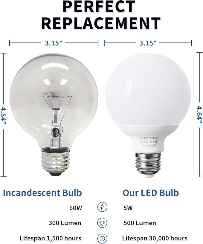 8 Pack Daylight LED Globe Light Bulbs for Bathroom, 120V 60 watt Equivalent, E26 Medium Base, Non-Dimmable Vanity Light Bulbs Round, 5000K Bright G25 LED Bulb Over Mirror