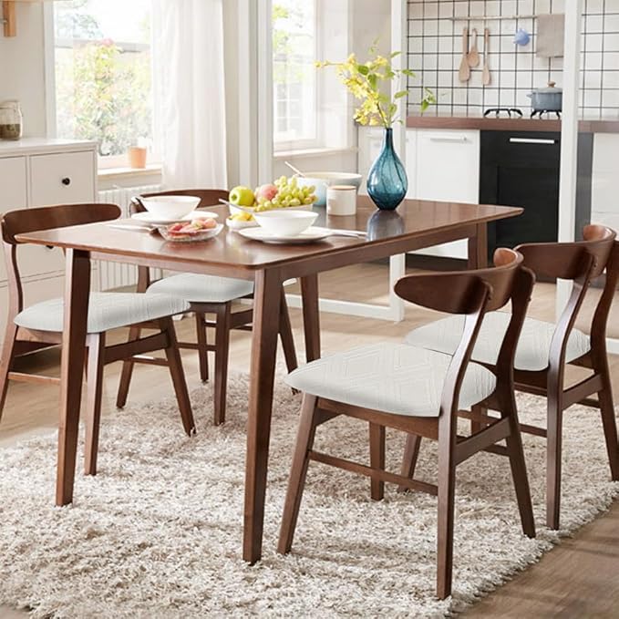 SearchI Waterproof Seat Covers for Dining Room Chairs Stretch Jacquard Chair Seat Covers Set of 4, Removable Washable Kitchen Chair Seat Protector Cushion Slipcovers for Office (Beige Rhombus)