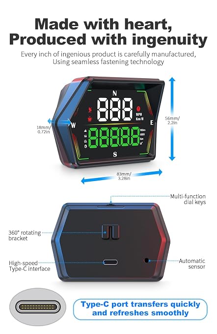 HUD Heads Up Display for Cars 2025 New Universal Digital GPS Speedometer LED Display with MPH Speed Compass Overspeed Alarm Fatigued Driving Alert,USB Cable Plug and Play for All Vehicle