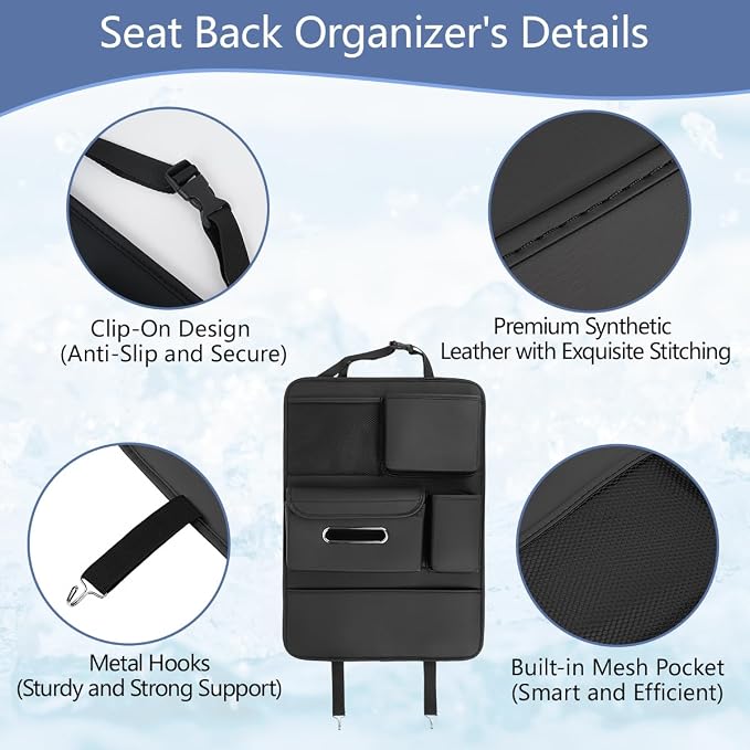 Backseat Car Organizer Including Tissue Holder, Car Interior Organization for Phone Sunglasses Cup Charger Umbrellas, Seat Anti-dirty Protection Pad, Multifunctional Leather Auto Accessories