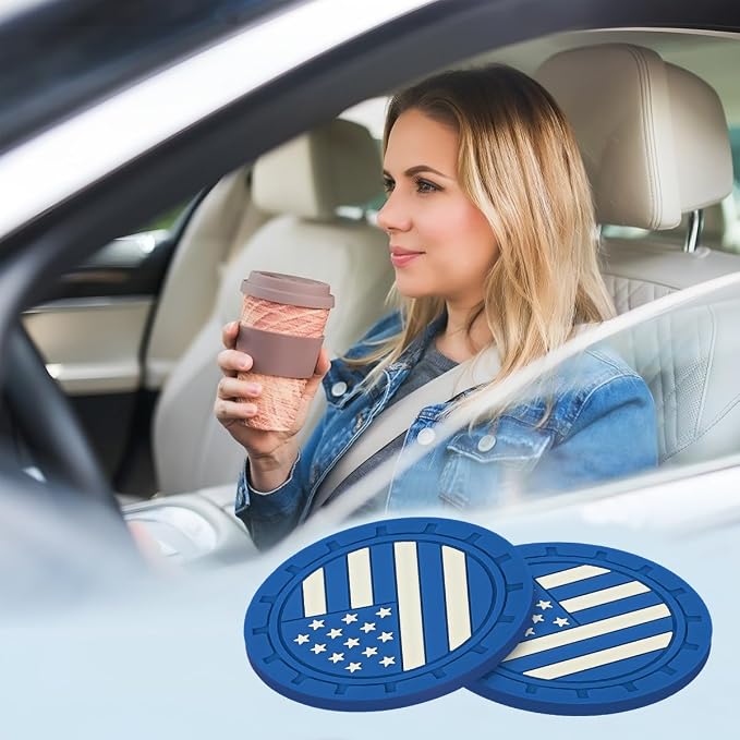 AUCELI 2 Pack Car Cup Holder Coasters, Colored American Flag US Flag Insert Car Cup Coaster, 2.75 Inch Anti Slip Shockproof Embedded Drink Mat, Vehicle Interior Decor Accessories