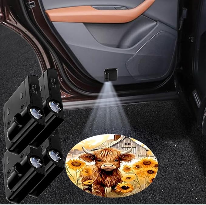 4PCS Car Door Lights,Sunflower Highland Cow Door Lights Logo Projector LED Shadow Welcome Lamp,Car Accessories Sunflower Cow Gifts for Men Women,Suitable for All Vehicles Motorcycle Bike