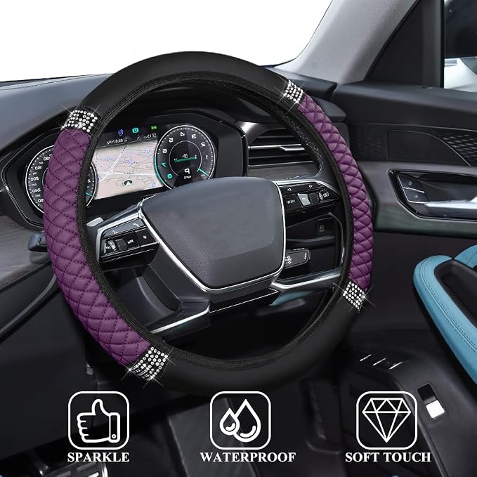 Bling Soft Leather Steering Wheel Cover, 15 Inch Colorful Rhinestones Auto Elastic Steering Wheel Protector for Women Girls, Car Accessories Anti Slip Steering Wheel Cover for Cars, SUVs (Purple)