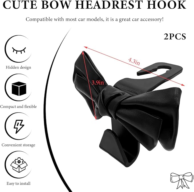 2 PCS Car Seat Headrest Hooks, Cute Bow Shaped Vehicle Backseat Purse Holder Storage Hook, Bow Knot Seat Back Hooks Hanging Organizer for Coat Umbrellas Grocery Bag (Black)