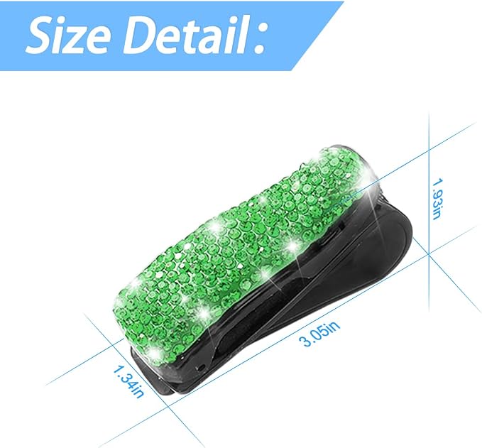 Moly Magnolia Bling Car Glasses Holder, 2PCS Handcrafted Crystal Rhinestones Fashion Car Sunglasses Mount with Card Clip for All Sun Visors, Auto Interior Accessories for Women Girl (Green)