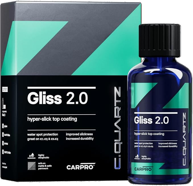 CARPRO Gliss 2.0 - Ceramic Coating for Cars - Hydrophobic Topcoat – Extreme Slickness & Water Spot Protection w/Microfiber Applicators - Repels Oil, Dirt & Grime Making Car Easy to Clean - 30ml Kit