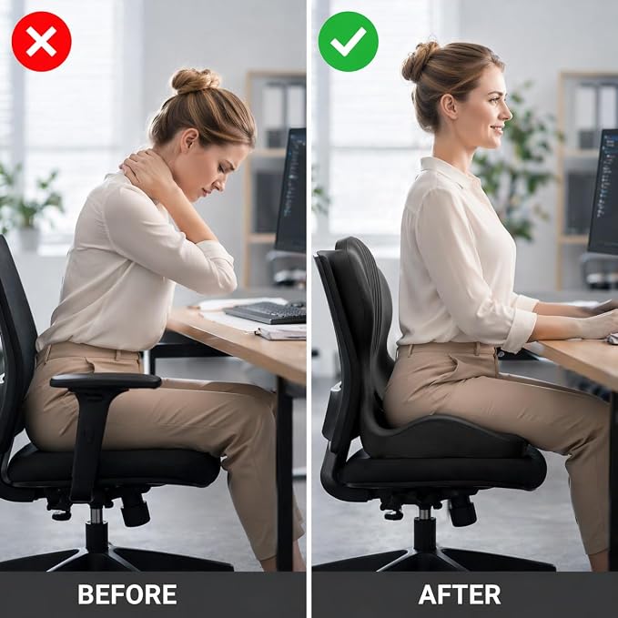 Pain Relief Ergonomic Seat Cushion with Lumbar Support, Memory Foam, L-Shaped, for Office Chair, Car Seat, Gaming Chair (Black)