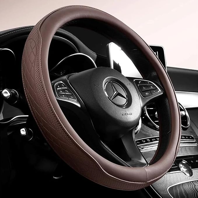 Brown Steering Wheel Cover, Perforated Synthetic Leather Car Steering Cover with Odorless Rubber Core, Non-Slip Universal Fit for Enhanced Grip and Comfort (Coffee Brown)