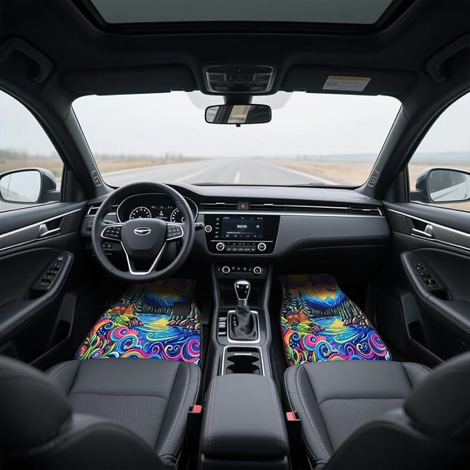 Abstract Car Floor Mats Set of 4 Colorful Sky Pine Tree Mountain Sun Set Automotive Car Floor Carpets Non-Slip Auto Car Accessories Universal Fit for Car SUV Truck Van