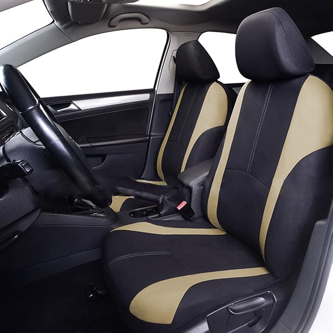 AICEL 9 Piece Car Seat Covers Set Mesh Fabric Auto Seat Protectors Beige | Padded foam laminate, removable headrest design, washable fabric, snap fastening, universal fit, automotive accessories