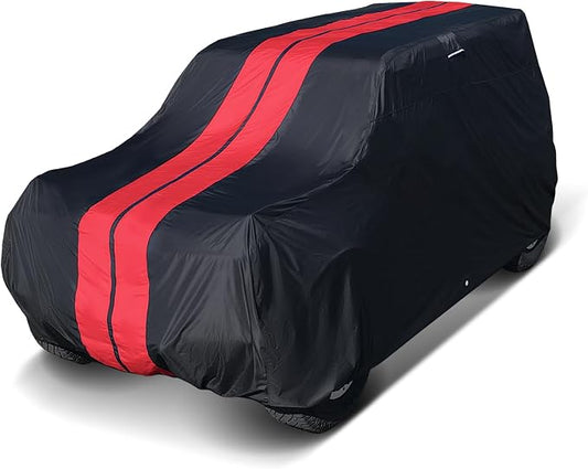 iCarCover Premium Plus SUV Car Cover Waterproof All Weather Rain Snow UV Sun Protection, Venue, Kia Soul, XB, Defender 90, Tracker 4-Door, Samurai, Size S59 (See Size Chart) Stripe - Black/Red