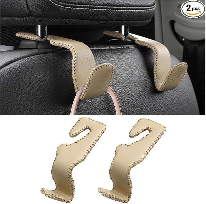 Car Seat Headrest Hook, 2PCS Vehicle Back Seat Hanger Holder Hook, Automotive Interior Headrest Storage Organizer for Handbag Purse Coat, Universal for SUV RV Pickup (Khaki)