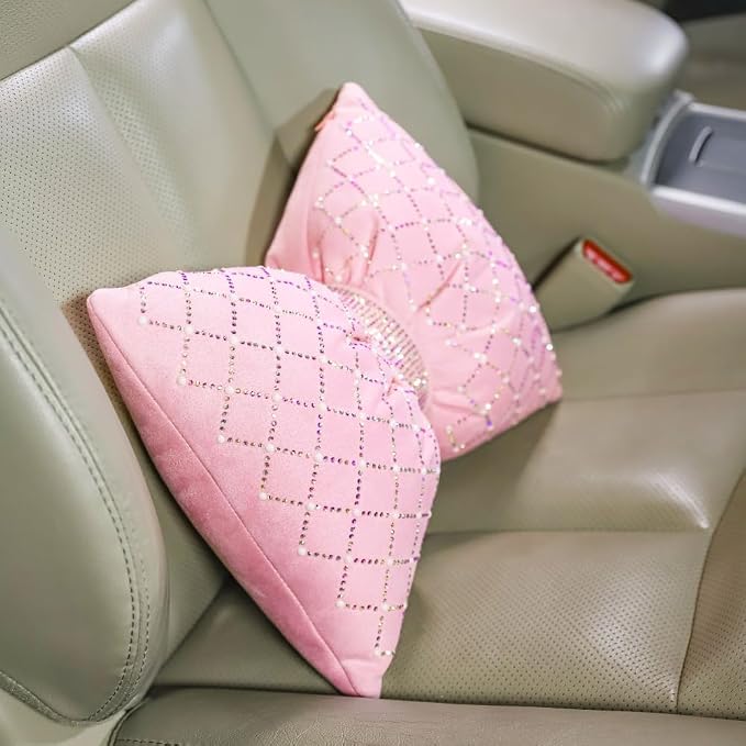 Carwales Pink Bow Lumbar Support Pillow for Car Accessory Women Girl Couch Cushion Decorative Back Pillow Bling Rhinestone Pearls 1 Pack