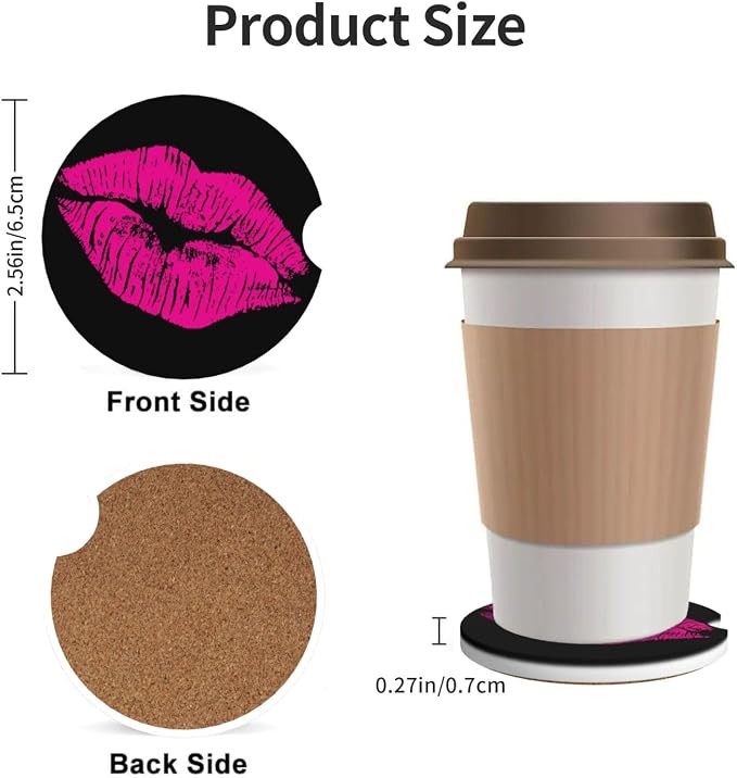80s Hot Pink Kiss Lips Absorbent Ceramic Car Coasters 2 Pack Round Insert Cupholder Coaster Car Cup Holder Mat with Finger Notch Anti-Slip Cork Base Reusable Drink Coasters 2.56 in