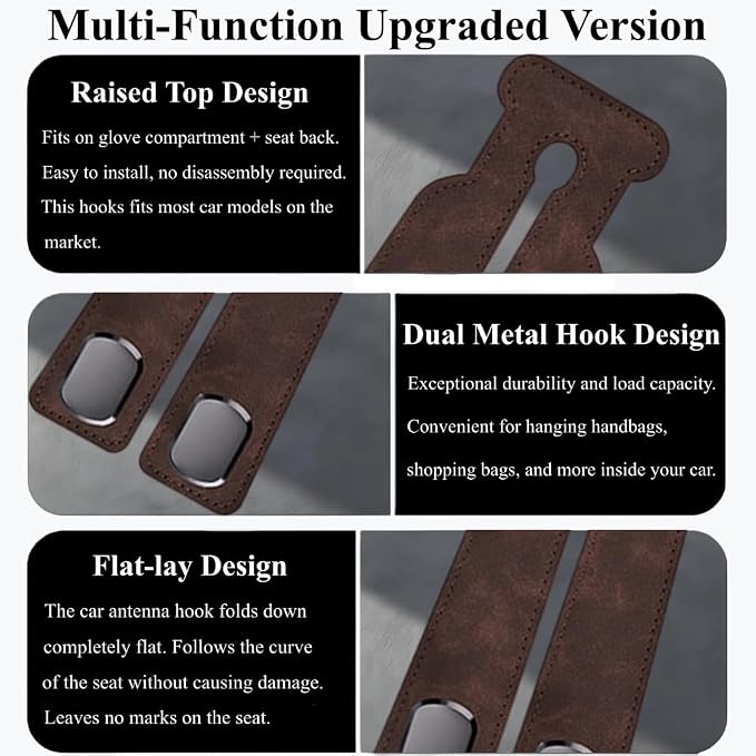 2-Pack Car Hanging Hooks for Car Seat Back & Glove Box, Brown | Dual-Use Purses & Bags Hanger for Car With Metal Hooks - Keep Floor & Seats Clutter-Free, Car Interior Organizer Accessories